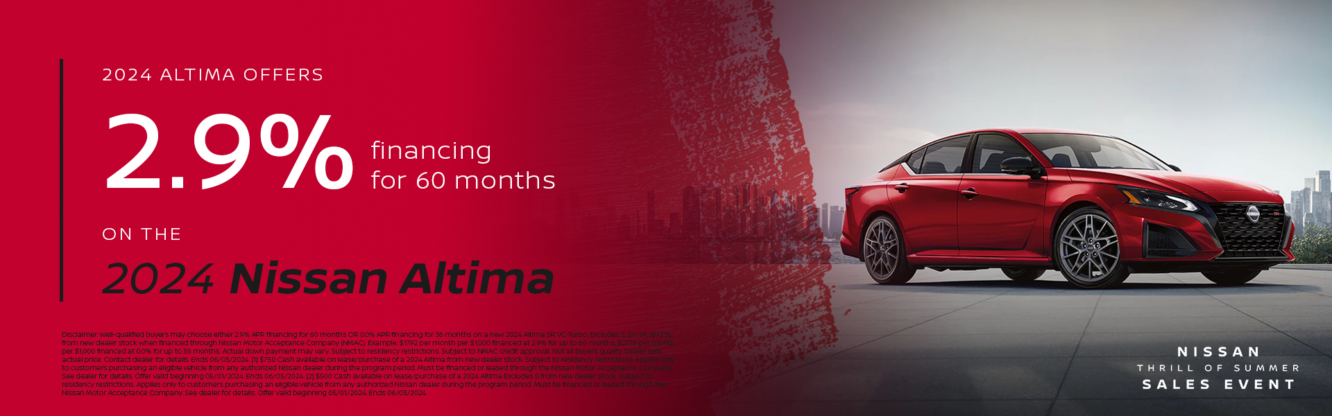 2.9% APR financing for 60 months on 2024 Nissan Altima